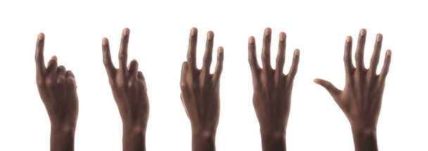 kollázs a bemutató számok elszigetelt fehér kezével afrikai amerikai férfi - Fotó, kép