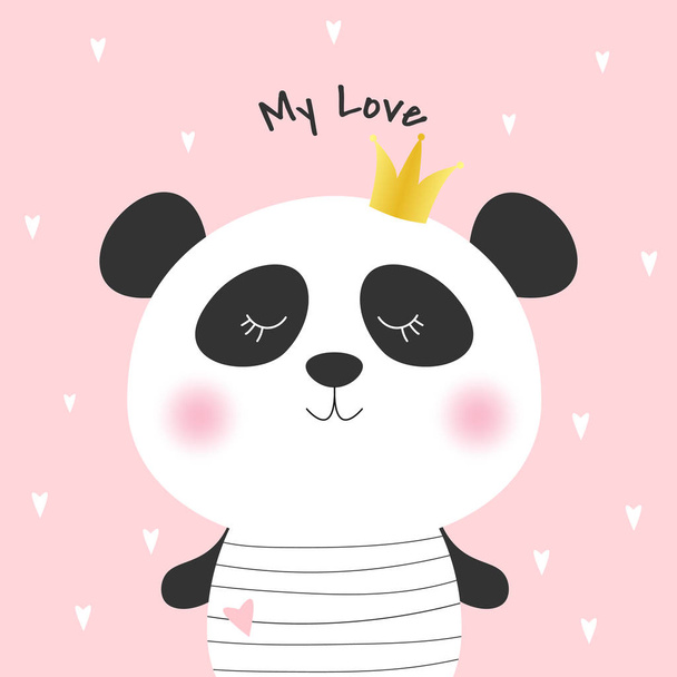 Cute cartoon panda princess and inscription my love. Greeting card with charming teddy on pink background. Vector illustration. - Vector, Image