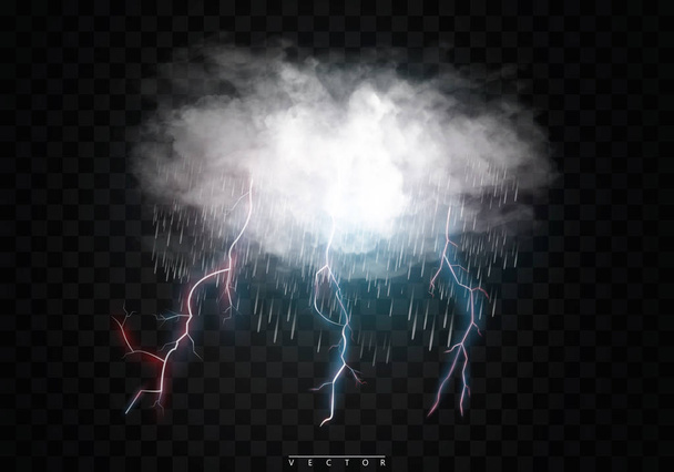 Stormy clouds, rain and lightning. Isolated on a transparent background. Vector illustration EPC10 - Vektor, Bild