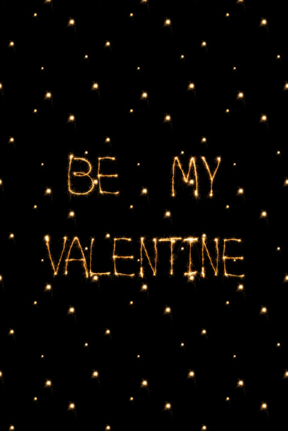 close up view of be my valentine light lettering on black background, st valentines day concept - Photo, Image