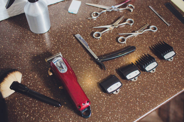 Vintage tools of barber shop on wooden background. - Photo, Image