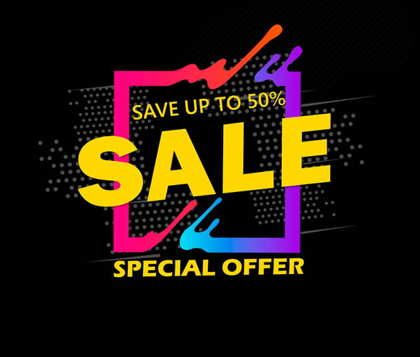 Super Sale and special offer. 50 off. Vector illustration. Trendy neon geometric figures wallpaper in a modern material design style. Coloured banner - Vetor, Imagem
