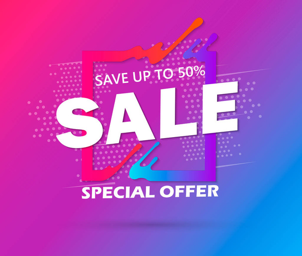 Super Sale and special offer. 50 off. Vector illustration. Trendy neon geometric figures wallpaper in a modern material design style. Coloured banner - Vecteur, image