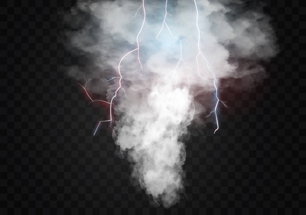 Realistic tornado with lightning, destructive hurricane isolated on transparent background. Wind cyclone, swirl with dark clouds in sky , dangerous natural disaster. Vector illustration - ベクター画像