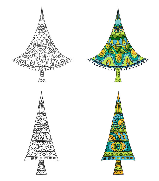 Set van handgetekende kerstbomen. Vector sjabloon voor coloring boek. Doodle ontwerpelementen. Zenart. - Vector, afbeelding