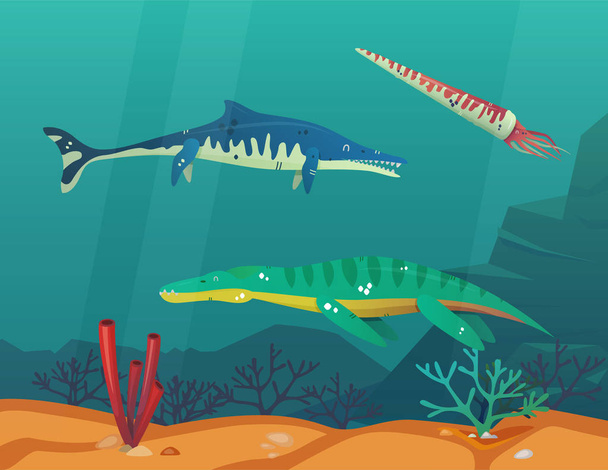 Ocean or sea with underwater dinosaurs or dino - Vector, Imagen