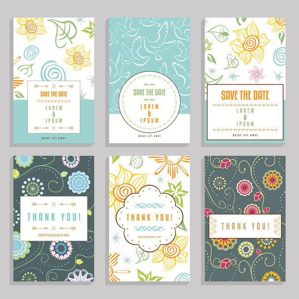 Six cards with floral ornaments. Collection of romantic wedding and thank you cards with doodle style patterns. Template for greeting or save the date card or invitation. Vector illustration. - Vector, Image