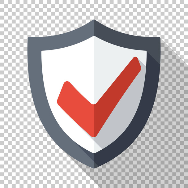 Ασφαλείας shield εικονίδιο με το κόκκινο σημάδι σε επίπεδη στυλ με μεγάλη σκιά σε διαφανές φόντο - Διάνυσμα, εικόνα