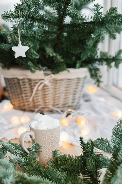 Spruce branches in basket and cup with cacao and marshmallow. Rustic new year christmas decoration at home, scandinavian interior - Photo, Image