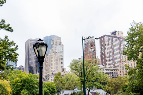 urban scene with trees in city park and skyscrapers in new york, usa - Foto, imagen