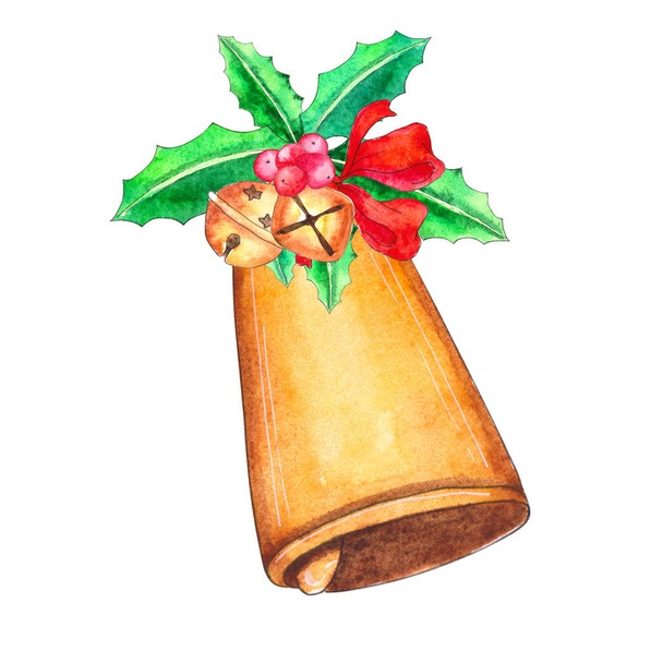 Cloches de Noël aquarelle avec décor de vacances. Cloches traditionnelles peintes à la main avec houx, gui et branche d'arbre de Noël isolé sur fond blanc. Pour la conception ou le prin
 - Photo, image