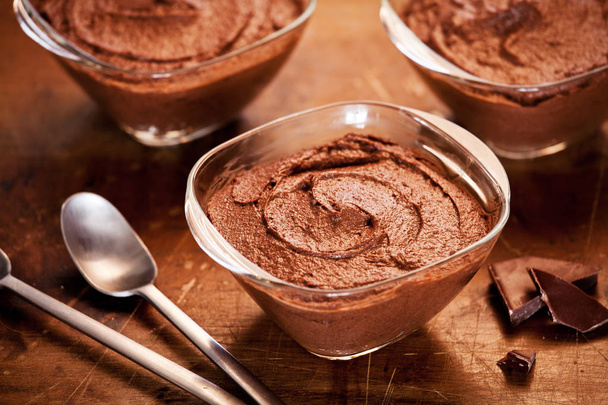 small pots of homemade dark chocolate mousse  - Photo, Image