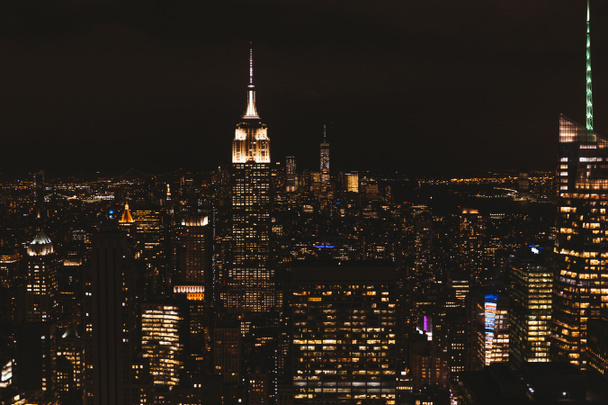 NEW YORK, USA - OCTOBER 8, 2018: aerial view of new york city at night, usa - Photo, Image