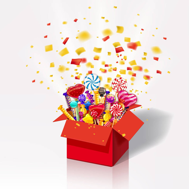 Weihnachten süße Geschenk-Box. Explosion von Papierkonfetti. Offene 3D-rote Schachtel mit Leckereien, Bonbons, Gelee, Süßigkeiten. Festliche Überraschung mit Süßigkeiten. süße Party-Ikone mit Lichteffekten und Partikeln. Vorlage - Vektor, Bild