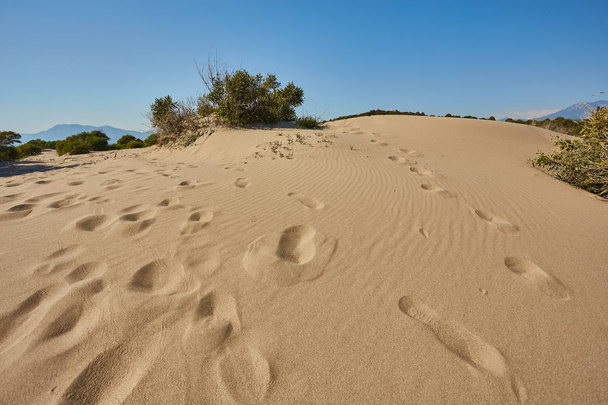 Kirkas hiekan ja taivaan tausta. Aavikon jäljet - Valokuva, kuva