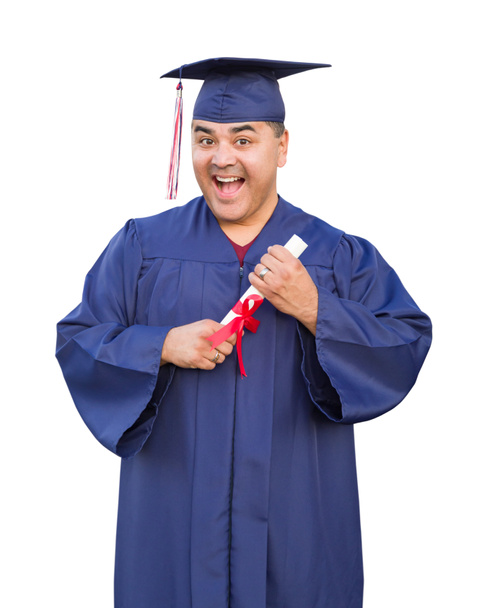 Hispanic Male With Deploma Wearing Graduation Cap and Gown Isolated. - Foto, Imagen