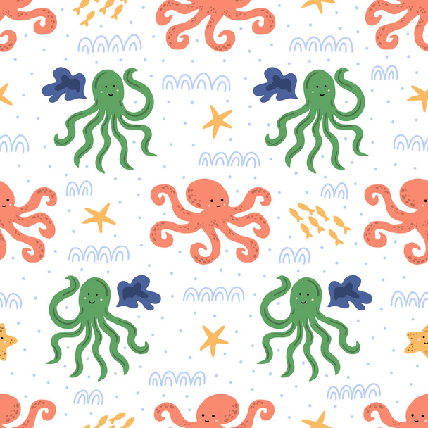 Cute light repeated ornament with octopus. Vector seamless pattern with cartoon underwater characters. Hand-drawn childish drawing. - Vector, Imagen