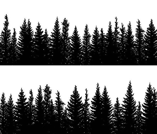 針葉樹林の梢の森 (トウヒ、モミ、モミの木のベクトル水平バナー シルエットのセット). - ベクター画像