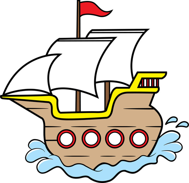 Cartoon illustration of a wooden sailing ship. - Wektor, obraz