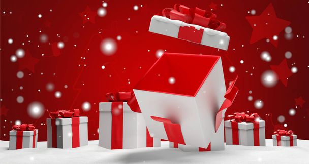 open christmas surprise present with snow 3d illustration - Foto, Imagem