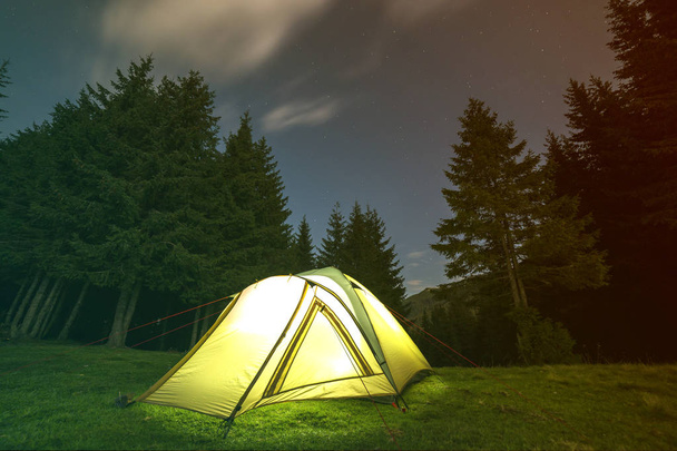 Туристические туристы палатка ярко освещается изнутри на зеленых травянистых лесов поляны среди высоких сосен под темно-синим звездным небом на далеком горном фоне. Летний лагерь в горах ночью
. - Фото, изображение