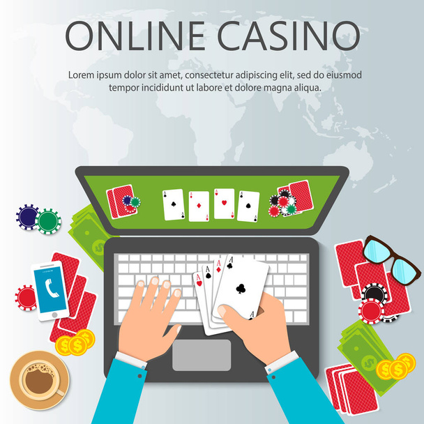 Casino online poker traditional cards set for safe gambling getting cash money. Illustration of casino online in flat style. Online poker app. Vector EPS10 - Vecteur, image