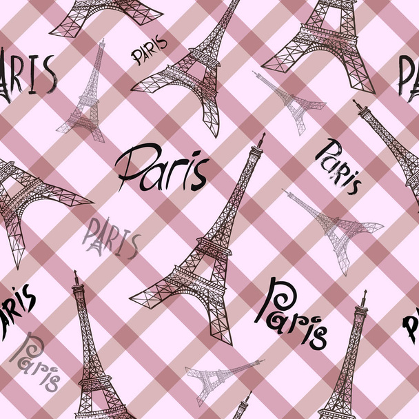 Seamless background with symbols of Paris - Eiffel Tower and a heart, - Vector, imagen