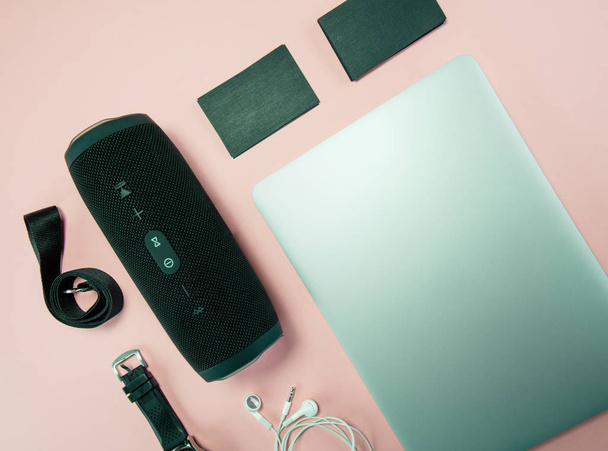 Gadgets and different devices with empty screenes mockup set. Flat lay style. - Fotó, kép