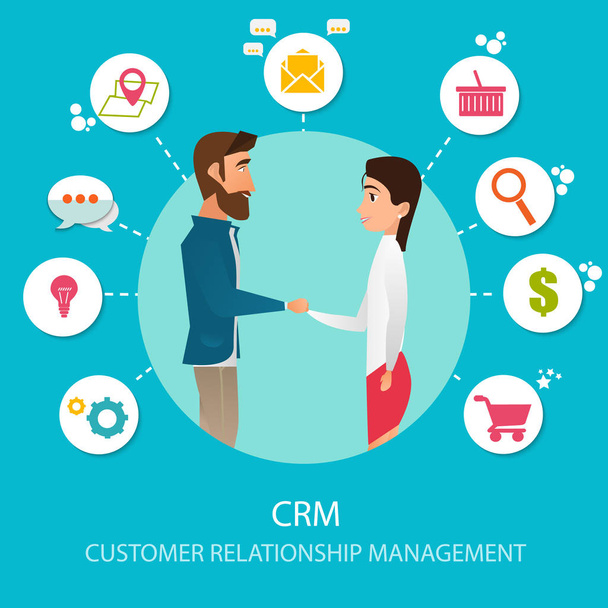 CRM: Ügyfélkapcsolat menedzsment. A számviteli rendszer lapos ikonjai, ügyfelek, támogatás, üzlet. Ügyfelekkel való munka megszervezése, CRM koncepció. EPS10 vektorillusztráció - Vektor, kép
