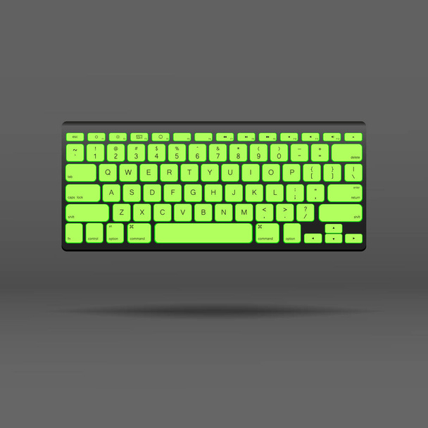 Portable black keyboard with backlight green buttons on the dark gray background. Vector isolated clip art illustration. - Vektor, Bild
