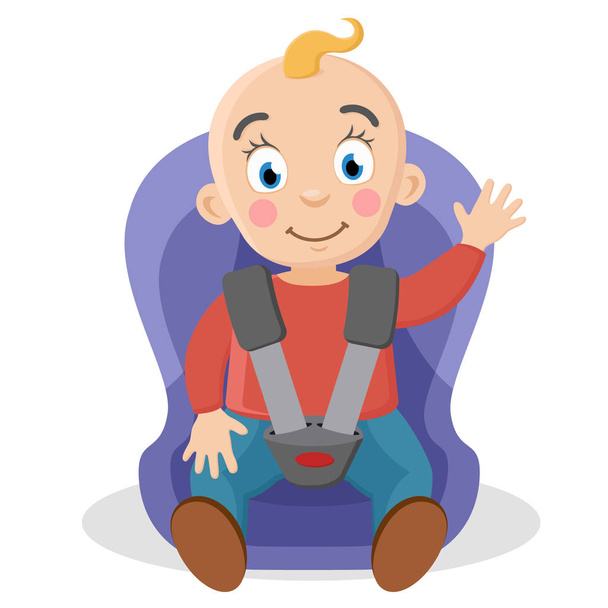 Ребенок, закрепленный в автомобильном кресле, машет на белом фоне
. - Вектор,изображение