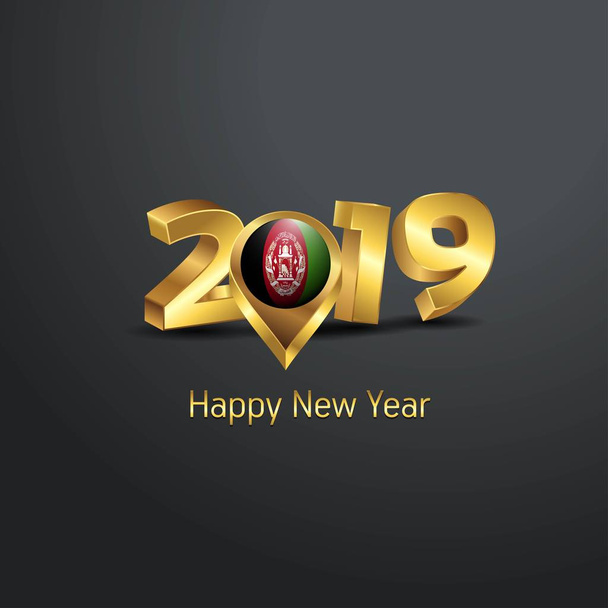 Happy New Year 2019 Golden Typography with Afghanistan Flag Location Pin. Country Flag  Design - Vector, Image