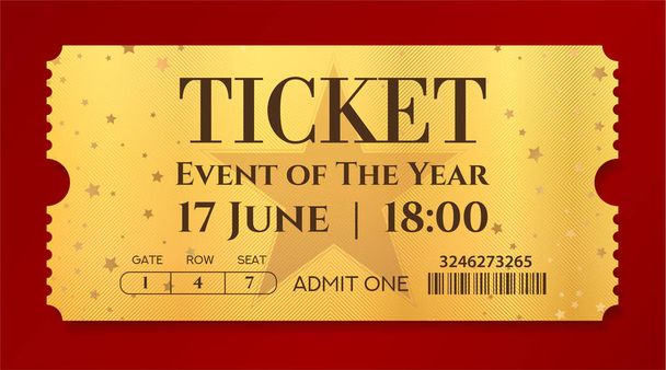 Admission golden ticket template. Vector mockup movie ticket (tear-off) with star gold background. Useful for any festival, party, concert, cinema, birthday event, entertainment show - Vector, Image