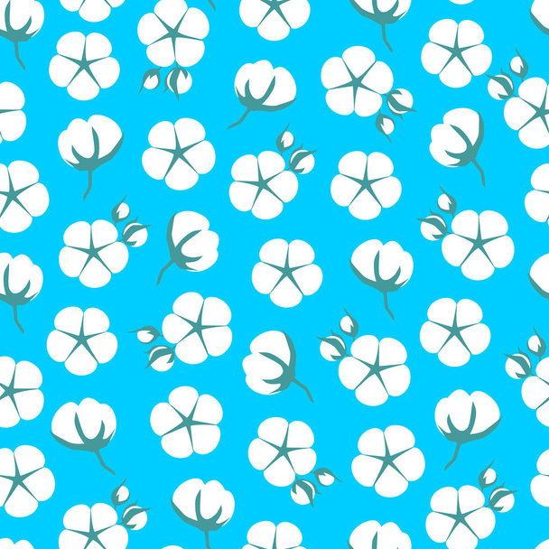 Blue seamless pattern of cotton bolls. Flat style, Vector illustration. - Vector, Image