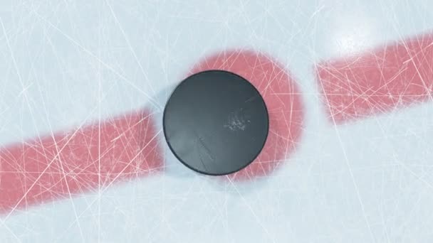 Close-up Hockey Puck Drop in Face-off Zone. 3D-animatie van hockeypuck Falling on Ice met en zonder Dof Blur op groen scherm Alpha masker. Actieve Sport Concept. 4k Uhd 3840 x 2160. - Video