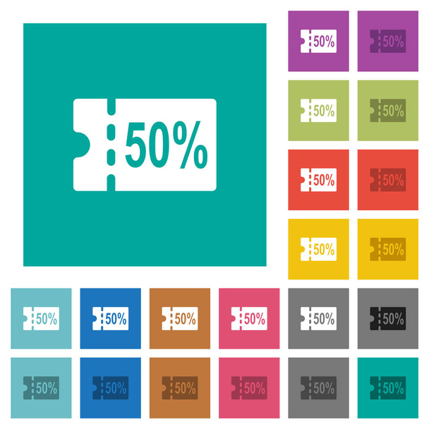 50 % sleva kupon multi barevné ploché ikony na obyčejný čtvercový pozadí. Součástí ikonu bílou a tmavší varianty přechodu nebo aktivní účinky. - Vektor, obrázek