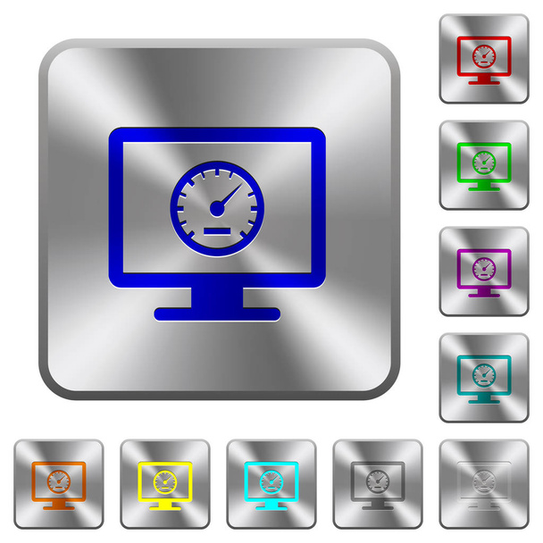 Computer benchmark gegraveerde pictogrammen op afgeronde vierkant glanzende stalen knoppen - Vector, afbeelding