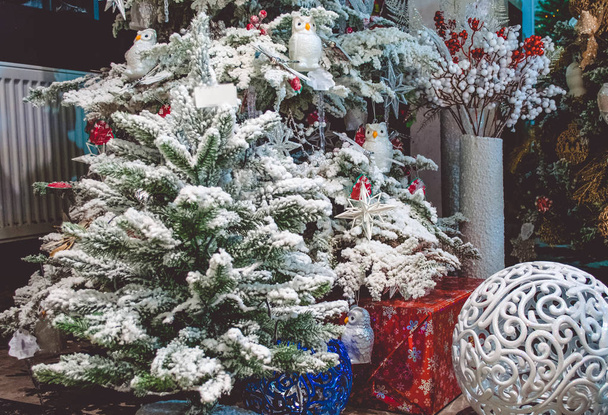 Sahte kar ile küçük Noel ağacı kapak. Arka plan üzerinde büyük kırmızı ve mavi kutuları. - Fotoğraf, Görsel