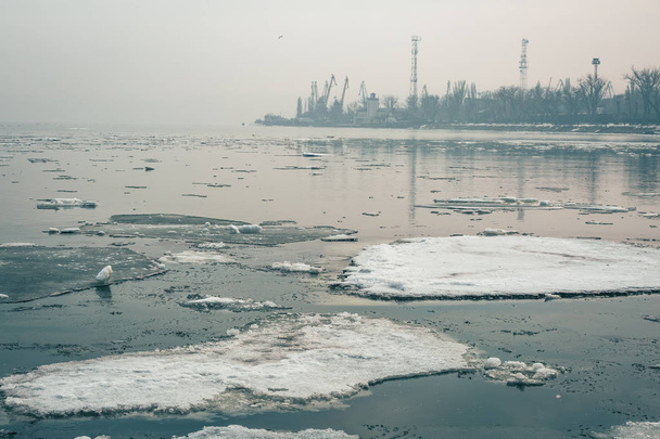 Ледовые флоры плавают в спокойном Азовском море на фоне порта Таганрога в начале зимы
 - Фото, изображение