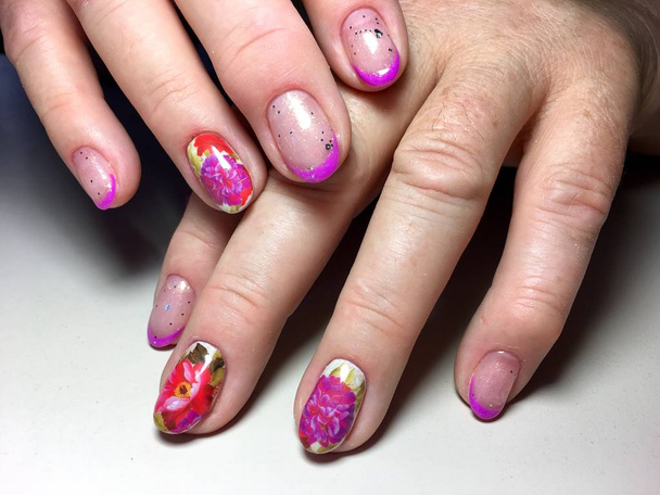 pink French manicure with abstraction and sparkles - Photo, Image