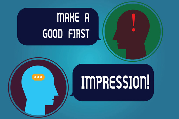 Writing note showing Make A Good First Impression. Business photo showcasing Introduce yourself in a great look and mood Messenger Room with Chat Heads Speech Bubbles Punctuations Mark icon. - Photo, Image