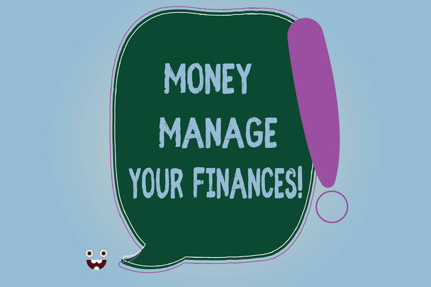 Текст, написанный Word Money Manage Your Finances. Бизнес-концепция для эффективного использования ваших доходов Инвестирование пустой пузырь речи цвета, очерченные восклицательный знак монстр лицо значок
. - Фото, изображение