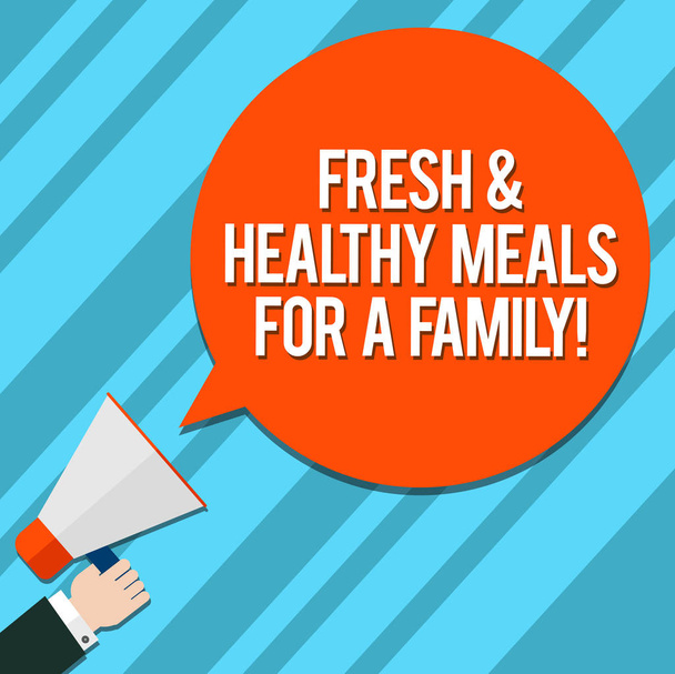 Word writing text Fresh And Healthy Meals For A Family. Business concept for Good nutrition taking care of health Hu analysis Hand Holding Megaphone Blank Round Color Speech Bubble photo. - Photo, Image