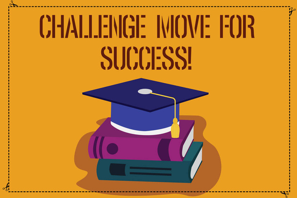 チャレンジ成功のための移動のテキストの書き込みを単語します。タッセル付き色卒業の帽子を成功するために専門的な運動戦略のビジネス概念 3 d 学術キャップ写真本に載って. - 写真・画像