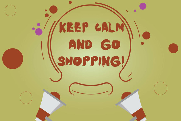Word writing text Keep Calm And Go Shopping. Business concept for Relax leisure time relaxing by purchasing Two Megaphone and Circular Outline with Small Circles on Color Background. - Photo, Image