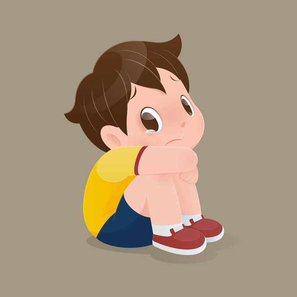 Resimde sarı bir gömlek oturan bir çocuk tek başına evde, gözyaşları, vektör tasarımı konseptiyle üzgün ile oturan çocuk karikatür yerde ağlıyor - Vektör, Görsel