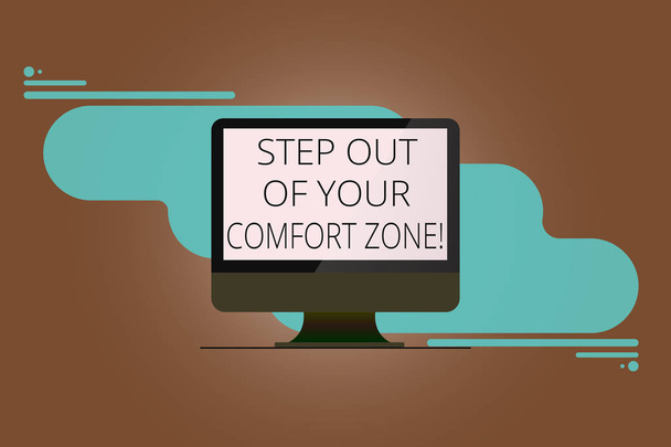 Writing note showing Step Out Of Your Comfort Zone. Business photo showcasing Do different things leave the routine Mounted Computer Monitor Blank Reflected Screen on Abstract Background. - Photo, Image