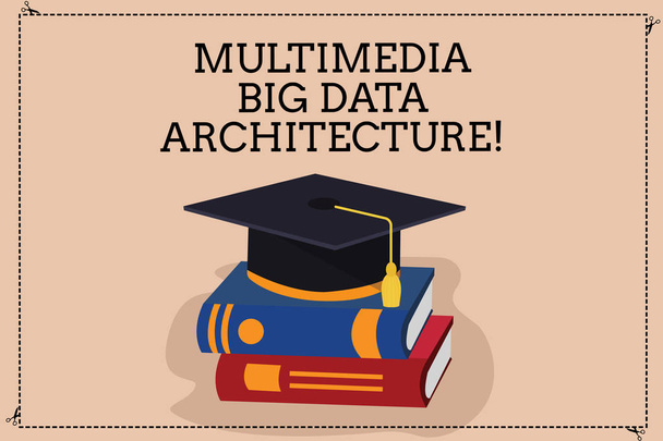 手書きテキスト マルチ メディア大きなデータ アーキテクチャを記述します。概念のオンライン情報技術を意味ネットワーク タッセル付き色卒業の帽子 3 d 学術キャップ写真本に載って. - 写真・画像