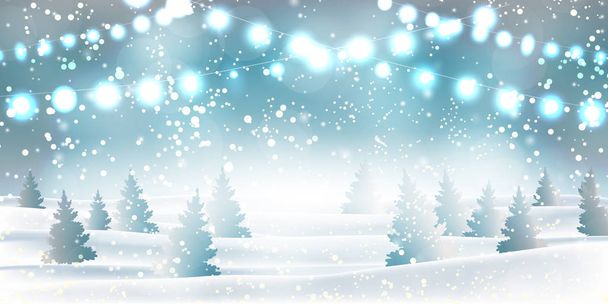 Winter Weihnachten und Neujahr 2019 Hintergrund heftigen Schneefalls, Schneeflocken in verschiedenen Formen und Formen, Schneewehen, Girlanden, Weihnachtsbäume. Winterlandschaft mit fallendem, strahlend schönem Schnee. - Vektor, Bild