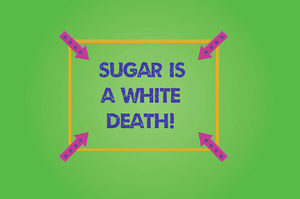 砂糖は白死を示すメモを書きます。お菓子を展示ビジネス写真が危険な糖尿病アラート不健康な食品コーナー矢印指して内側色の背景上の広場の概要. - 写真・画像